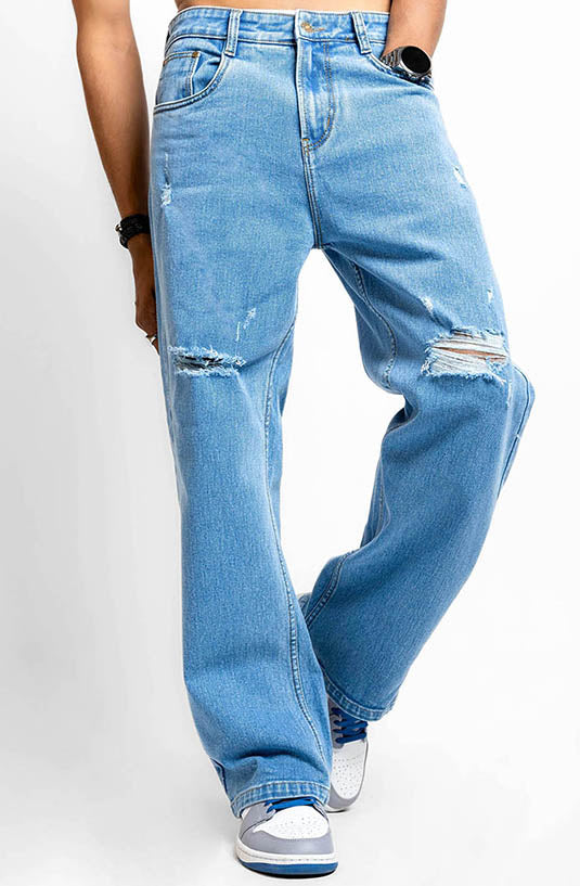 Ice Blue Distressed Baggy Jeans