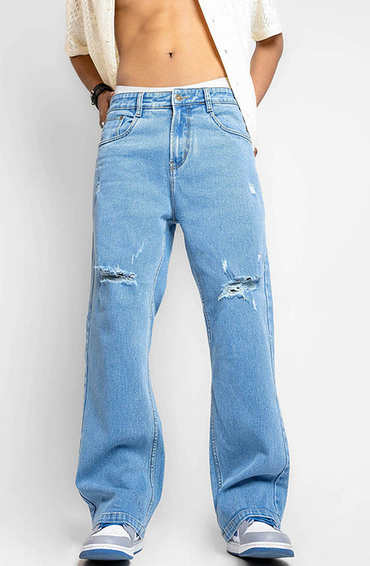 Ice Blue Distressed Baggy Jeans