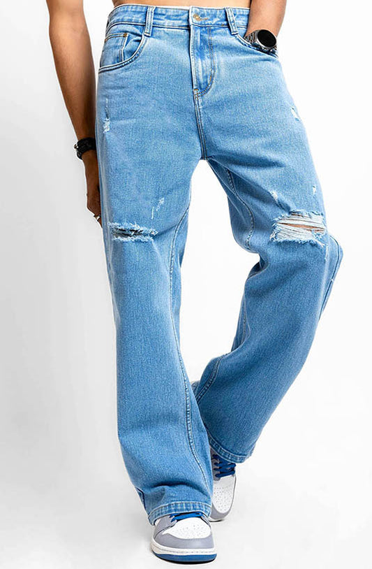 Ice Blue Distressed Baggy Jeans